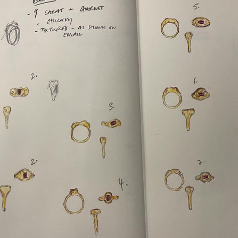 From sketches to reality: the lifecycle of a ring ⚒️ A wanted a chunky textured gold ring with garnet embedded as a memorial piece to a loved one. I started by sketching out some rough design layouts and we narrowed it down from there. I love the angle of the stone and the way it’s embedded in the gold! My drawings are always a little rough as I like that the metal can dictate slightly where it wants to go in the casting process. This is important!! My pieces are designed to be organic and ... Layout Design, Ring Sketch, Textured Gold Ring, The Angle, Design Layouts, I Like That, My Drawings, Textured Ring, Design Tips