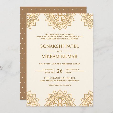 Hindu Wedding Invitation Cards Indian Style, Traditional Indian Wedding Cards, Wedding Invitations Elegant Simple, Modern Indian Wedding Invitations, Invitation Writing, Brown Mandala, Indian American Weddings, Hindu Wedding Invitation Cards, Brown Wedding Invitations