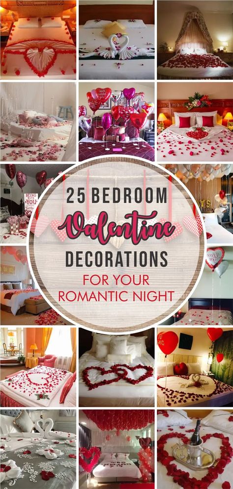 25 Bedroom Valentine Decorations for Your Romantic Night - Matchness.com Romantic Bedroom Set Up, Romantic Bedroom Ideas Suprise, Honeymoon Set Up Room, Wedding Hotel Room Decorations, Romantic Bedroom Ideas For Couples Love, Romantic Bedroom Ideas For Him Birthday, Romantic Bedroom Ideas For Couples Decoration, Honeymoon Hotel Room Decorations, Decorating Hotel Room Romantic For Him