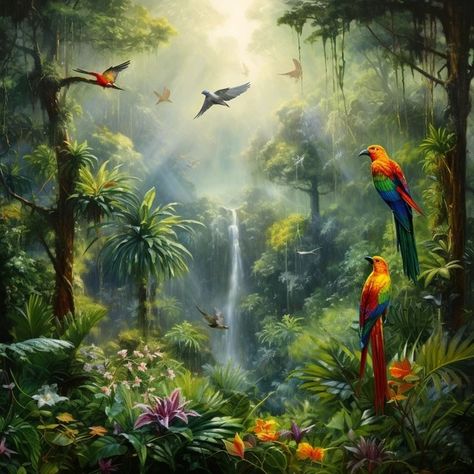 Image Free Download | A painting of the Amazon rainforest with lush trees, colorful birds and exotic plants, surrounding blur, Jurassic, 4K, high resolution Tropical Rainforest Background, Tropical Rainforest Aesthetic, Rainforest Aesthetic, Rainforest Painting, Amazon Rainforest Animals, Rainforest Birds, Tropical Scenery, Jungle Painting, Rainforest Trees