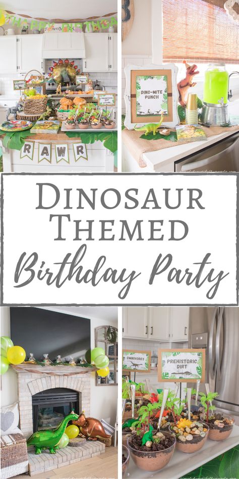 Dino Party Themed Food, Dinosaur Food Table Ideas, Dinasour Tea Party, Amazon Birthday Decorations, T Rex Themed Birthday Party, Roar I’m Four Birthday, Rawr I’m 4 Birthday, Three Rex Birthday Party Food, Dino 2nd Birthday Party Boy