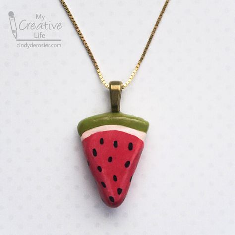 Clay Watermelon Necklace | Fun Family Crafts Clay Watermelon, Mod Podge Gloss, Watermelon Necklace, Recycled Crafts Kids, Edible Crafts, Sculpey Clay, Clay Crafts Air Dry, Green Clay, Black Sharpie