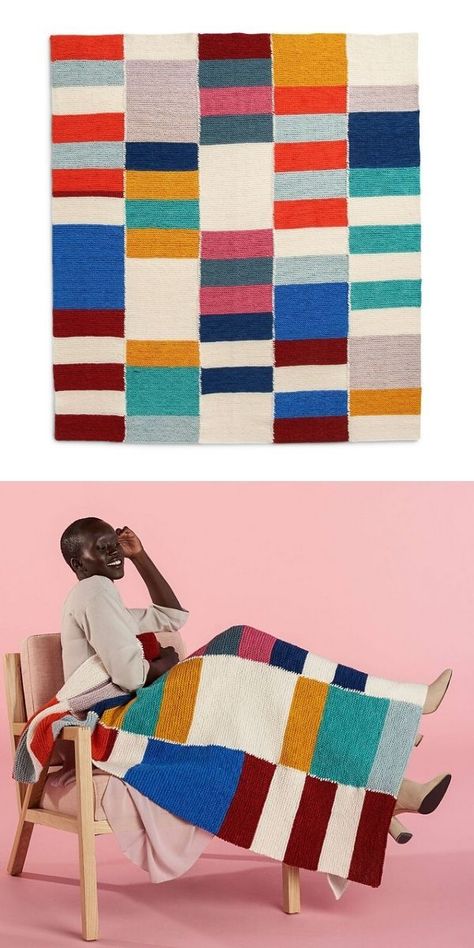 Knit Throw Blanket Pattern, Knitted Blanket Squares, Modern Crochet Blanket, Throw Blanket Pattern, Modern Blankets, Knitting Patterns Free Blanket, Knit Rug, Patchwork Blanket, Modern Knitting