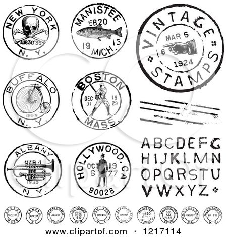 Clipart of Vintage Black and White Postmark Stamps and Letters - Royalty Free Vector Illustration by BestVector Clip Art Pictures, Mail Stamp, Passport Stamps, Free Vector Illustration, Vintage Postage, Clip Art Vintage, Vintage Stamps, Postal Stamps, Icon Set Vector