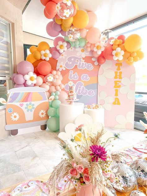 Groovy Birthday Party Ideas, Five Is A Vibe, Groovy Birthday Party, Hippie Birthday Party, Groovy Party, Groovy Birthday, Hippie Birthday, Hippie Party, 5th Birthday Party Ideas