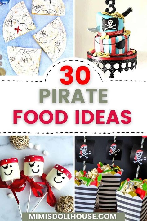 Pirate Party Desserts + Food Ideas Pirate Party: Yo Ho Ho...Pirate Party Food Ideas. Throwing a Pirate Party for your little buccaneers? Here are some Swashbuckling and yo-ho yummy pirate party food ideas. Nothing says hoist your anchors and set sail for a party adventure quite like a delicious assortment of pirate food and desserts. Pirate Party Desserts, Pirate Cupcake Ideas, Pirate Cakes For Kids Boys, Pirate Food Ideas For Adults, Pirate Party Food Ideas, Pirate Party Snacks, Pirate Themed Food, Pirate Snacks, Pirate Party Food