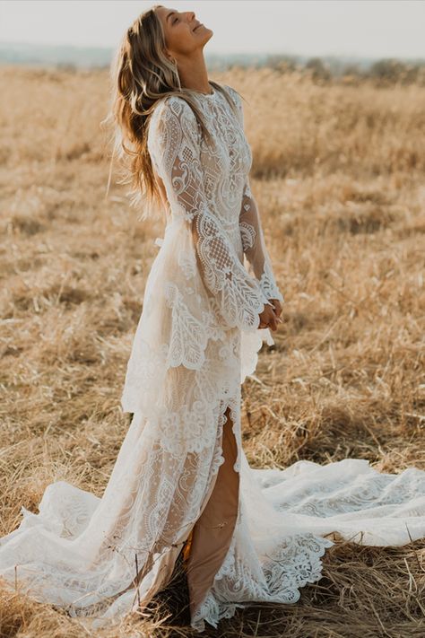 Boho Long Sleeve Wedding Dress, Lace Bohemian Wedding Dress, Informal Wedding, Bat Sleeves, Custom Wedding Gown, Bohemian Wedding Dress Lace, Western Wedding Dresses, Long Sleeve Wedding Dress, Bohemian Wedding Dress