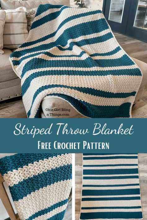 Crochet Striped Blanket Pattern, Striped Crochet Blanket, Blanket Free Crochet Pattern, Crochet Throw Pattern, Throw Blanket Pattern, Striped Throw Blanket, Chunky Crochet Blanket, Crochet Afghan Patterns Free, Crochet Afgans