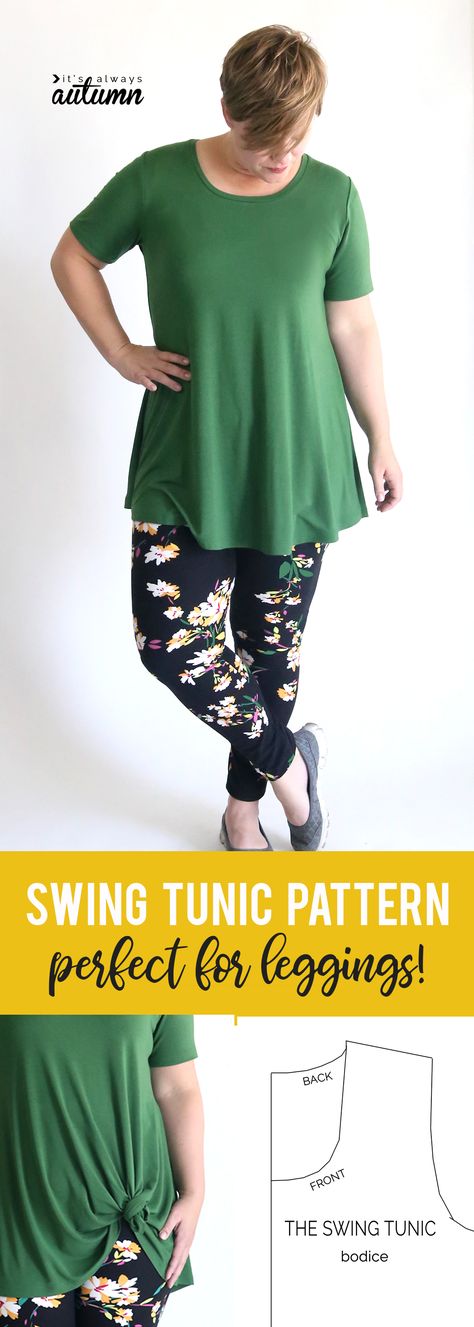 How to sew a swing tunic to wear with leggings. This free pattern is a lot like the perfect tee from Lula! Free tunic pattern. Sew Ins, Free Tunic Sewing Pattern, Tunic Sewing Patterns, Swing Tunic, Trendy Sewing, Upcycle Sweater, Wear With Leggings, Beginner Sewing Projects Easy, Tunic Pattern