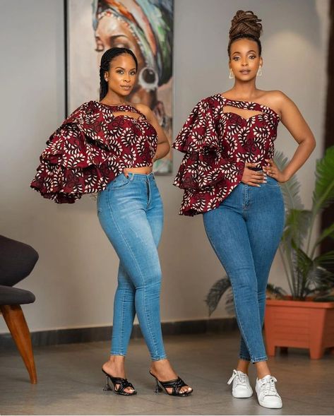 Ankara Peplon Top Styles, Flare Tops Blouses Ankara, Jojo Style Clothes, Peplum Ankara Tops With Jeans, Kitenge Tops With Jeans, Kitenge Tops Designs, Ankara Tops For Jeans, Cute Ankara Tops, Simple Ankara Tops With Jeans