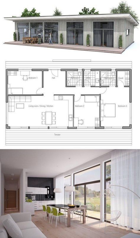 Small House Plan with affordable building budget. Floor Plan from ConceptHome.com: Three Bedroom Two Bathroom Floor Plans, Small Passive House Floor Plans, Simple House Floor Plan, One Storey House Floor Plan 3 Bedroom, 100sqm House Design Floor Plans, Simple House Plans 3 Bedroom 2 Bath, Two Bedroom House Plans Open Floor, Three Bedroom House Plans One Story, Floor Plan 1 Story