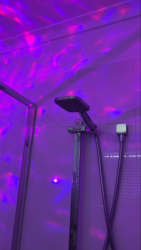 Purple Led Bathroom, Aesthetic Bathroom Lights, Neon Bathroom Aesthetic Ideas, Pastel Pink Bathroom Aesthetic, Bathroom Vibes Led Lights, Bathroom Ideas Neon, Bathroom Purple Aesthetic, Led Light Bathroom Aesthetic, Purple Shower Aesthetic