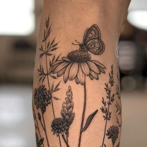 Veronika Minaeva | Tattoo artist on Instagram: "Beautiful wildflowers 🥰" Bees And Wildflowers Tattoo, Elder Flower Tattoo, Wild Flowers Tattoo Sleeve, Wildflower Tattoo With Bee, Blue Star Flower Tattoo, Poppy Sunflower Tattoo, Wildflower Ankle Tattoo Wrap Around, Different Butterfly Tattoo Designs, Native Plant Tattoo