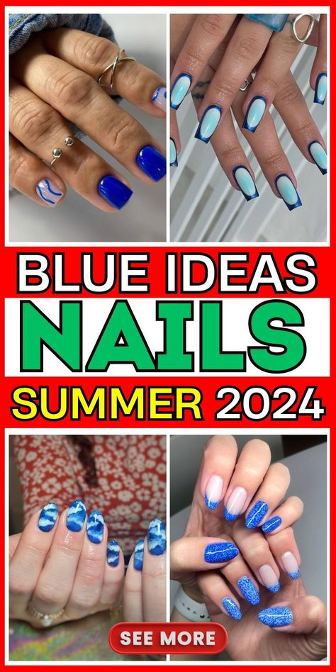 Summer nails 2024 Blue Powder Dip Nails, Blue Summer Nails 2024, Blue Nails Dip Powder, Summer Gel Nails Ideas 2024, Blue Nails For Summer, Blue Nails Trendy, Nail Ideas Blue, Elegant Summer Nails, Summer Blue Nails