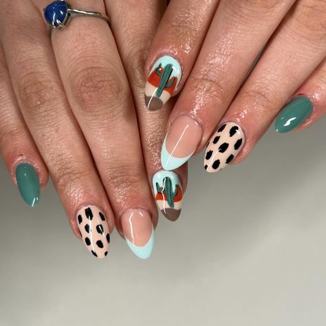 The coolest cactus nails around🌵🏜️ #cactusnails #gelextensions #gelx #nailart #naildesign #nailtech Cactus Western Nails, Cute Cactus Nails, Western Nails Cactus, Wyoming Nails, Almond Western Nails, Western Almond Nails, Desert Nail Art, Gel X Nails Almond, Western Nail Ideas