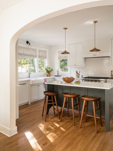 Original Character Shines in this West Seattle 1928 Tudor | Rue Kitchen With Green Island, Modern Open Kitchen, Tudor Kitchen, Bungalow Kitchen, Large Open Kitchens, Green Island, West Seattle, Kitchen Faucets, Original Character