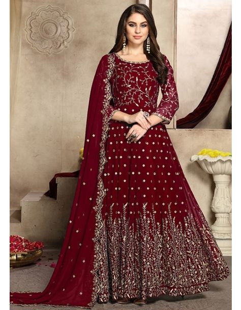 Maroon Embroidered Georgette Anarkali Suit Georgette Anarkali Suits, Georgette Anarkali, Designer Anarkali Suits, Abaya Style, Designer Anarkali, Utsav Fashion, Anarkali Gown, Anarkali Suit, Anarkali Dress