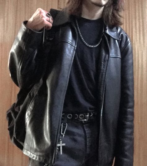 leather jacket rock goth grunge outfit mens outfit long hair dark academia chains cross Goth Aesthetic Men Outfit, Grunge Outfit Leather Jacket, Leather Jacket Male Aesthetic, Mens Rock And Roll Fashion, Metalhead Leather Jacket, Masc Rock Outfits, Masc Dark Outfits, Goth Men Clothes, Modern Goth Outfits Men