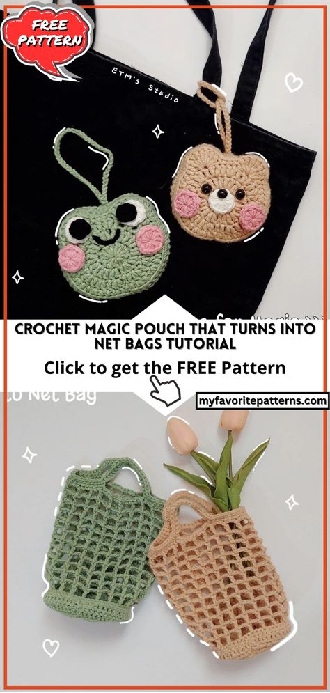 Crochet Magic Pouch that turns into Net Bags Tutorial Crochet Mini Pouch, Crochet Bag Charm, Mini Pouch Bag, Different Crochet Stitches, Crochet Pouch, Frog Design, Mini Pouch, Net Bag, Magic Ring