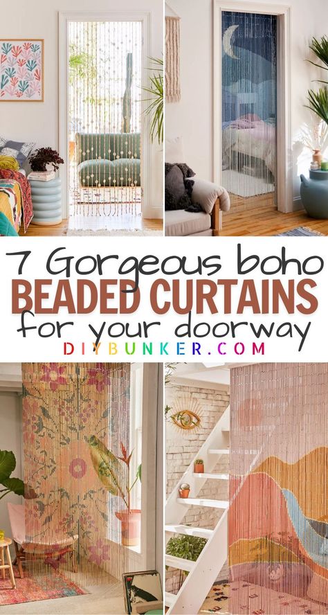 Bead Door Curtain Diy, Curtains For Doorways, Beaded Curtains Diy, Door Curtains Diy, Hanging Door Beads, Beaded Curtains Doorway, Cortinas Boho, Beaded Door Curtains, Bamboo Beaded Curtains