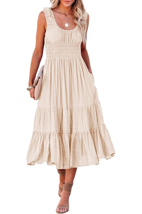 AlvaQ Women Summer Sleeveless Smocked Midi Dress High Waist Casual Tiered A Line Sundress with Pockets Modern Chic Fashion, Ruffle Long Dress, Summer Tank Dress, Ribbed Tank Dress, Valentines Day Dresses, Valentine Dress, Long Beach Dress, Crewneck Dress, Tiered Midi Dress