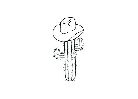 Cactus With Hat Tattoo, Cactus Tattoo With Cowboy Hat, Cowboy Boot With Cactus Tattoo, Cactus Cowboy Hat Tattoo, Cactus With Cowboy Hat Tattoo, Simple Western Drawing Ideas, Cactus Tatoos, Cactus With Cowboy Hat, Easy Western Drawings