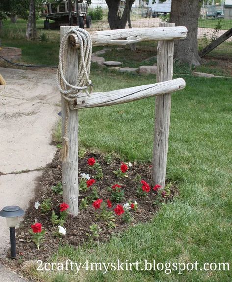 Front Yard Western Decor ~ Hitching Post | Hometalk Western Outdoor Decor, Yard Entrance, Corner Landscaping, Hitching Post, Rustic Western Decor, Outdoor Decor Backyard, Rustic Garden Decor, Outdoor Wood, Rustic Gardens