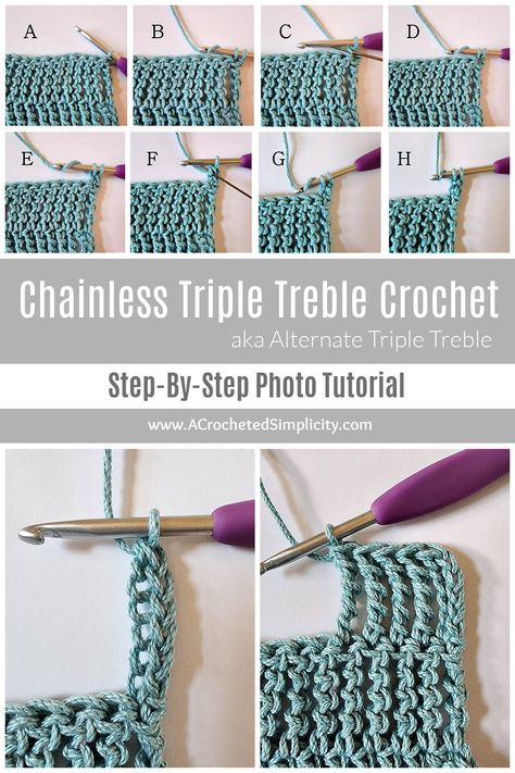 Learn how to crochet the Chainless Triple Treble Crochet aka Alternate Triple Treble Crochet, with this step-by-step crochet stitch photo tutorial. #crochet #crochetstitches #alternatecrochetstitches #alternatecrochetstitch #crochettutorial #crochetstitchtutorial #crochetphototutorial #chainlessstartingtripletreble #tallcrochetstitches #tripletreblecrochet #tripletreblecrochetstitch #learntocrochet #chainlesstripletreble #chainlesstripletreblecrochet #freecrochettutorial #alternatetripletreble Triple Crochet Stitch Tutorial, Triple Stitch Crochet, How To Triple Crochet, Crochet Hotpad, Easy Knits, Crocheting Tips, Triple Crochet Stitch, Yarn Projects Crochet, Triple Crochet