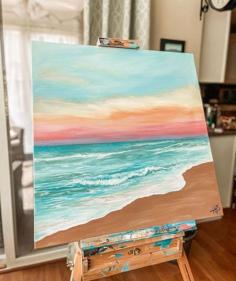 Beach Aesthetic Canvas Painting, Canvas Painting Beach Easy, Sunset And Ocean Painting, Ocean And Mountain Painting, Ocean Scenery Paintings, Ocean View Painting, Sunset On Beach Painting, Summer Beach Painting, Cute Beach Paintings