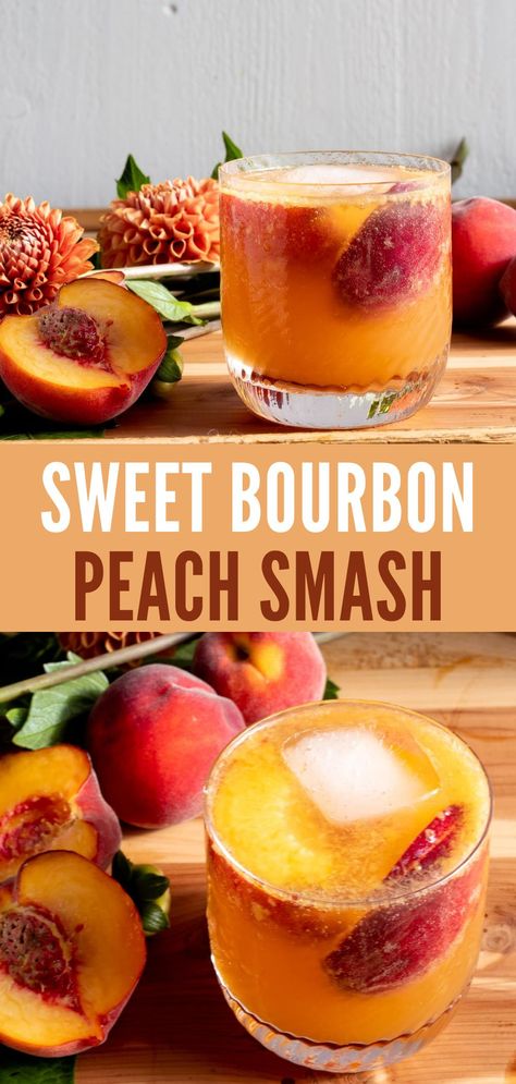 Fall Restaurant Food Ideas, Sweet Bourbon Peach Smash, Bourbon Crush Cocktail, Drinks For Bbq Party, Party Food For Big Groups, Bourbon Peach Smash Cocktail, Bourbon And Peach Cocktail, Simple Yummy Dinner Recipes, Sweet Bar Drinks