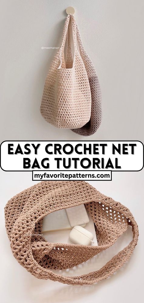 Easy Crochet Net Bag Tutorial Crochet Accessories Free Patterns, One Ball Crochet Projects, Chroching Ideas Aesthetic, Crocheted Bags Patterns Free, Chroching Ideas Pattern, Functional Crochet Projects, Crochet Projects Beginner, Summer Crochet Projects, Crochet Grocery Bag