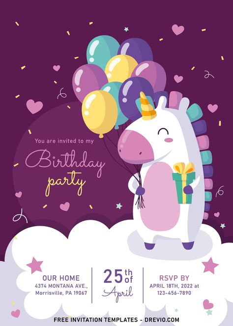 Bday Invitation Card, Kids Birthday Invitation Card, Rainbow Unicorn Birthday Invitations, Digital Invitations Birthday, Happy Birthday Invitation Card, Templat Undangan, Unicorn Invitation, Unicorn Birthday Invitation, Unicorn Birthday Party Invitation