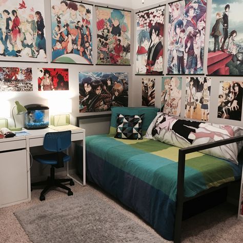 Anime room #animeroom #otaku #anime Bedroom Inspo Anime, Anime Room Ideas Boys, Room Ideas Aesthetic Anime, Anime Room Ideas Bedrooms, Anime Style Room, Anime Themed Room, Otaku Bedroom, Anime Room Ideas, Otaku Room Aesthetic