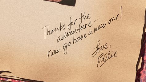 "Thanks for the adventure - now go have a new one! Love, Ellie" The most touching moment from Pixar's "Up" (2009) Disney Pixar Quotes, Up Movie Quotes, Pixar Quotes, Up 2009, Up Pixar, Our Adventure Book, Handlettering Quotes, Yearbook Quotes, Disney Pixar Movies