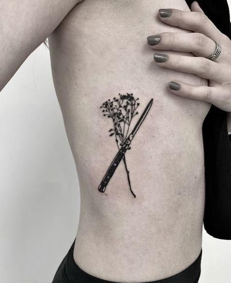 Cr: ig: nokto.ttt Tattoos, Flower Tattoos, Flowers, Knife Flower Tattoo, Knife With Flowers Tattoo, Flower Tattoo