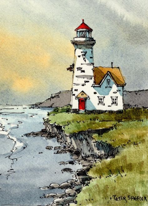Peter Sheeler, Watercolor Art Landscape, Lighthouse Painting, Canvas For Beginners, Lighthouse Art, Watercolor Architecture, Canvas Painting Ideas, Watercolor Paintings For Beginners, Watercolour Inspiration