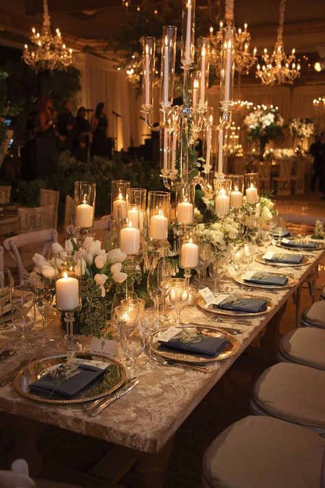 Candelabra and pillar candles on crystal stands filled the table along with tulips. Wedding Ideas Gold Elegant, Inside Wedding Decorations Receptions, Wedding Design Table, Southern Wedding Tablescape, Garden Winter Wedding, Vintage Silver Wedding Decor, Holiday Wedding Tablescape, Wedding Ideas Elegant Romantic Sweetheart Table, Weddings In September