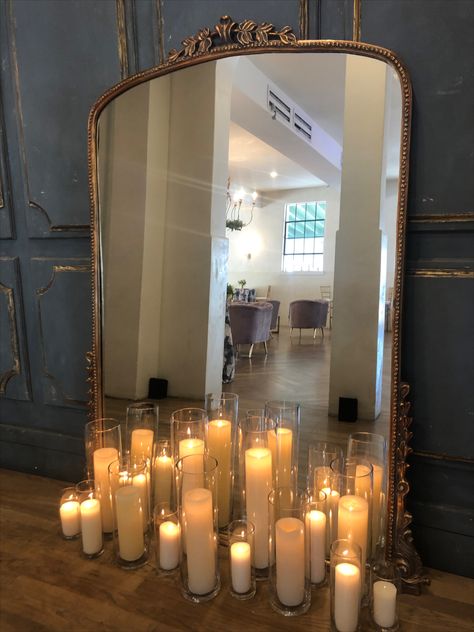 Floating Candles Dining Room, Balayage, Candles Under Tv, Window Sill Candle Decor, Candle Filled Fireplace, Fireplace Candelabra Decor, Wedding With Candles Everywhere, Wedding Candle Staircase, Wedding Floor Candles