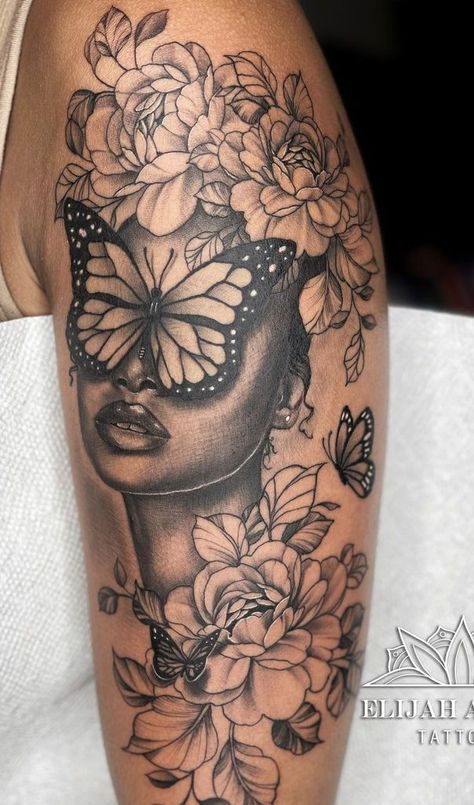 Butterfly Woman Tattoo, Sleeve Tattoos Forearm, Butterfly Shoulder Tattoo, Butterfly Sleeve Tattoo, Tattoos Inspos, Tattooing Inks, Leg Tats, Grandma Tattoos, Unique Half Sleeve Tattoos