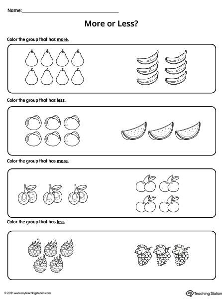 More Less Activities Preschool, Less Or More Kindergarten, More Less Worksheet Kindergarten, Less Or More Worksheet, Equal And Not Equal Math Kindergarten, Less And More Worksheet, Pre Number Concept Worksheets, More And Less Worksheets Kindergarten, More Less Concept For Kids