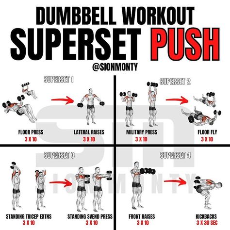 ⭐ FITNESS I NUTRITION I DIET ⭐ on Instagram: “SUPERSET PUSH WORKOUT [Dumbbells Only] by @sionmonty Here’s one I’ve never made before! A superset push workout using only dumbbells! 𝘼…” Push Workout At Home, Push Pull Legs Workout, Dumbbell Workout Plan, Push Day Workout, Pull Day Workout, Push Pull Workout, Push Pull Legs, Home Workout Men, Full Body Dumbbell Workout