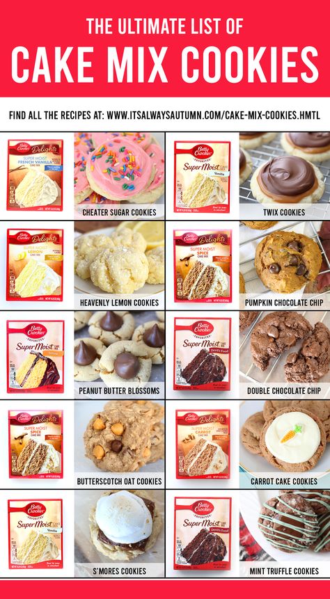 Find out how to make any flavor of cake mix cookies you want! The ultimate cake mix cookie recipe guide. Cake Mix Cookie Recipe, Cake Mix Cookie, Betty Crocker Cake Mix, Betty Crocker Cake, Boxed Cake Mixes Recipes, Cake Mix Desserts, Carrot Cake Cookies, Torte Cupcake, Cake Mix Cookie Recipes