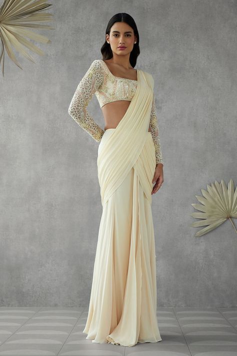 Buy Cream Saree Georgette Crepe Embroidery Pearls Plain Pre-draped With Blouse For Women by Zamoraa The Label Online at Aza Fashions. Full Sleeve Georgette Blouse, Sari Blouse Designs Full Sleeves, Square Neckline Blouse Saree, Blouse Designs With Long Sleeves, Off The Shoulder Saree Blouse, Full Sleeve Blouse For Saree, Sleeve Design For Blouse Saree, Saree Long Sleeve Blouse, Full Sleves Desine For Blouse Saree