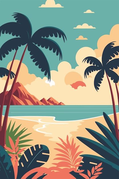 Animated Beach Aesthetic, Tropical Sunset Art, Beach Artwork Illustrations, Beach Graphic Illustration, Vintage Beach Design, Tropical Beach Illustration, Island Illustration Design, Beach Vector Art, Tropical Island Illustration