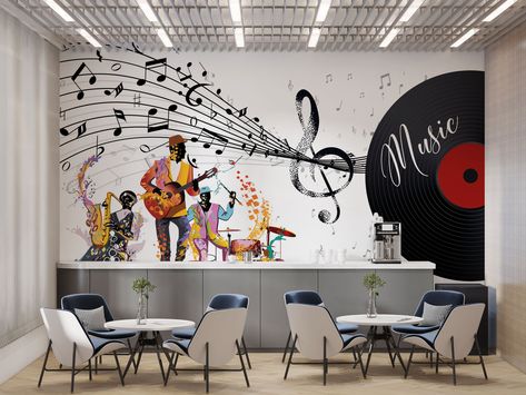 Mural Music Wall Art, Music Mural Ideas, Music Room Mural, Bar Mural Ideas, Music Murals Ideas Wall Art, Wall Painting Patterns Ideas, Wall Painting Ideas Cafe, Music Wall Art Ideas, Musical Mural