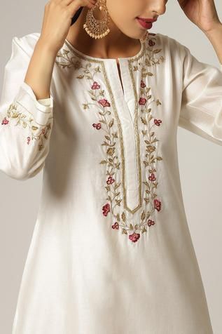 Shop for Anantaa by Roohi White Embroidered Silk Chanderi Kurta for Women Online at Aza Fashions Kurta Neck Embroidery Designs, Silk Kurti Designs, Chanderi Kurta, Neck Designs For Suits, Embroidery On Kurtis, Kurti Embroidery Design, Kurta Neck Design, Salwar Kamiz, Cotton Kurti Designs
