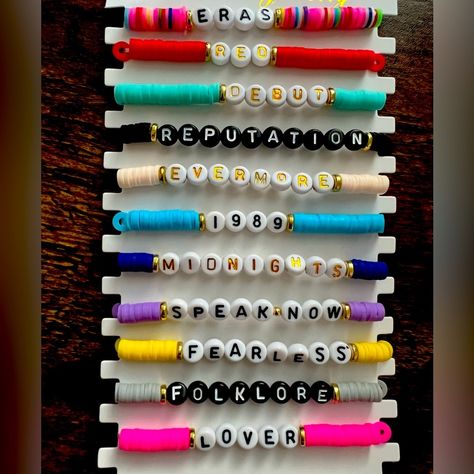 Set: Girls Beaded Bracelets. Taylor Swift Eras On Each Bracelet. 11 Bracelets. Colors: Lavender, Blue, White, Black, Red, Beige, Gray, Pink, Yellow, Teal. Material: Plastic. Size: 3.5”, Unstretched Woman’s Plastic Disc, Lettered, Stretchy Bracelets. Brand New. Nwot. 1) Multi-Colored Eras Bracelet 2) Red, Red Bracelet 3) Debut, Aqua Bracelet 4) Reputation, Black Bracelet 5) Evermore, Cream Bracelet 6) 1989, Teal Blue Bracelet 7) Midnights, Blue Bracelet 8) Speaknow, Lavender Bracelet 9) Fearless, Girls Beaded Bracelets, Bracelets Taylor Swift, Eras Bracelet, Lavender Bracelet, Bracelets Colors, Hot Pink Bracelets, Mom Daughter Gifts, Gray Bracelet, Yellow Bracelet