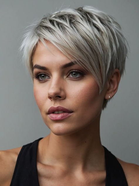 Pixie Hair Fine Hair, Pixie Haircut And Color Ideas, Pixie Cut Fine Hair Over 50, Cute Short Gray Hairstyles, Platinum Pixie Haircut, Blonde Pixie Haircut Short Fine Hair, Edgy Short Haircuts For Thick Hair, Short Funky Pixie Haircut, 2024 Pixie Cut