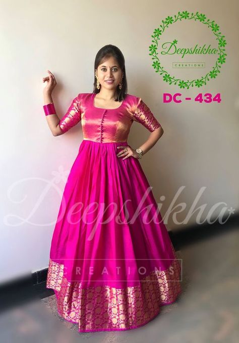 Convert your old saree into a beautiful gown styles - Simple Craft Ideas Traditional Gown, Frocks And Gowns, Designer Anarkali Dresses, Traditional Gowns, Long Gown Design, Saree Gown, Georgette Dupatta, Sari Dress, Kids Frocks Design
