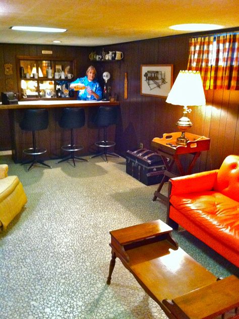 Shaken & stirred in my childhood "rumpus room" ... #decor Retro Carpet Living Room, 1970s Basement Bar, 70s Rumpus Room, Basement Mid Century Modern, 70s Basement Bar, 70s Man Cave, Mcm Game Room, 70s Game Room, Vintage Basement Decor